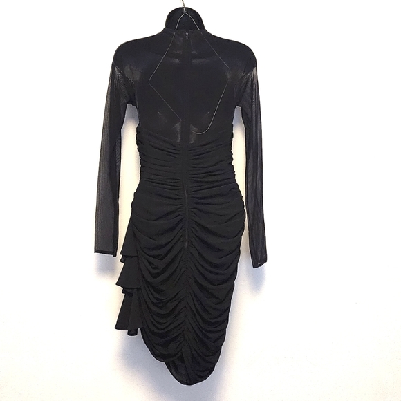 VINTAGE TADASHI Black Ruched Dress w/ Mesh Neckline, Shoulders & Long Sleeves, 4 - Picture 2 of 4